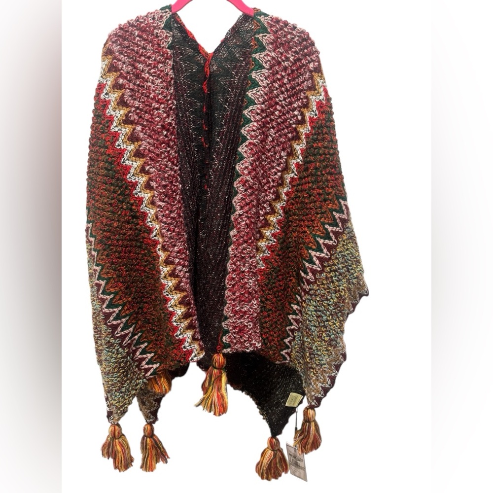 ALEX MAX Multicolor Chevron Knit Poncho with Tassels